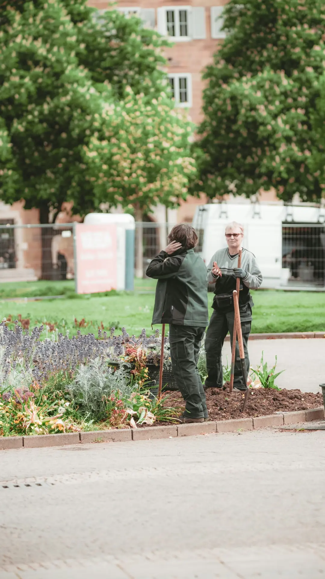 Kings Gardens landscape installation crew working on a public garden alongside a roadway
